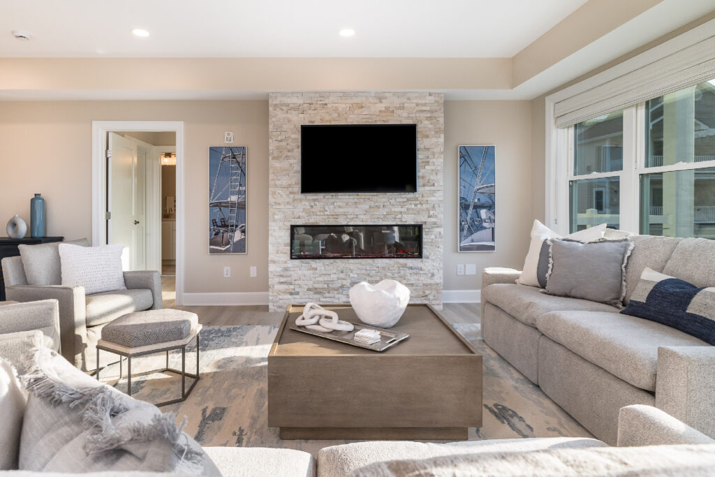 Sunny Living room with modern furniture and fireplace